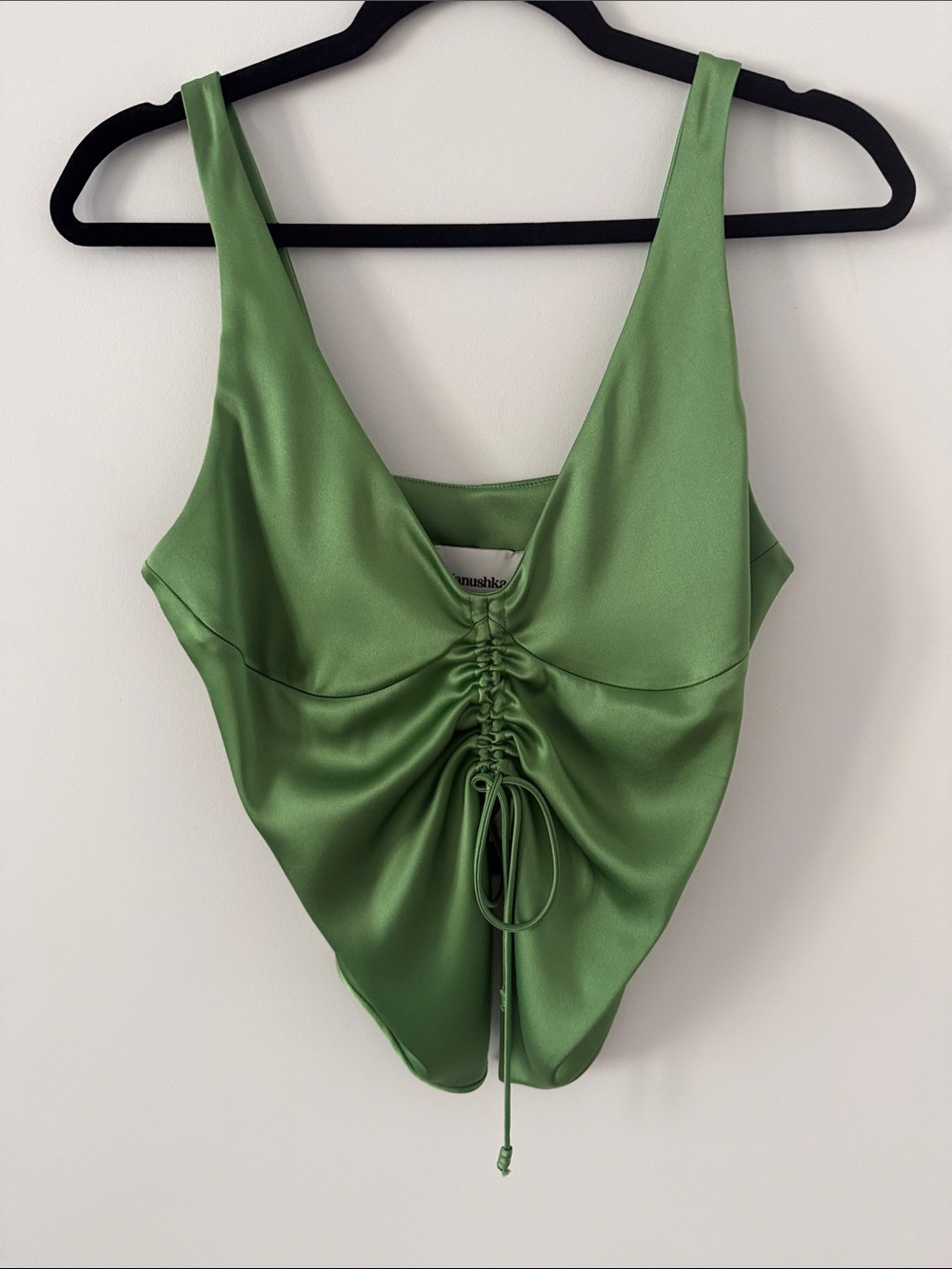 Nanushka Green Satin Ruched V-Neck Tank Top